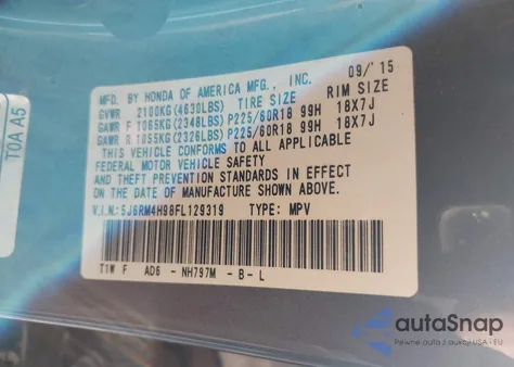 2015 Honda Cr-V Touring z USA, uszkodzony, nr VIN 5J6RM4H98FL129319